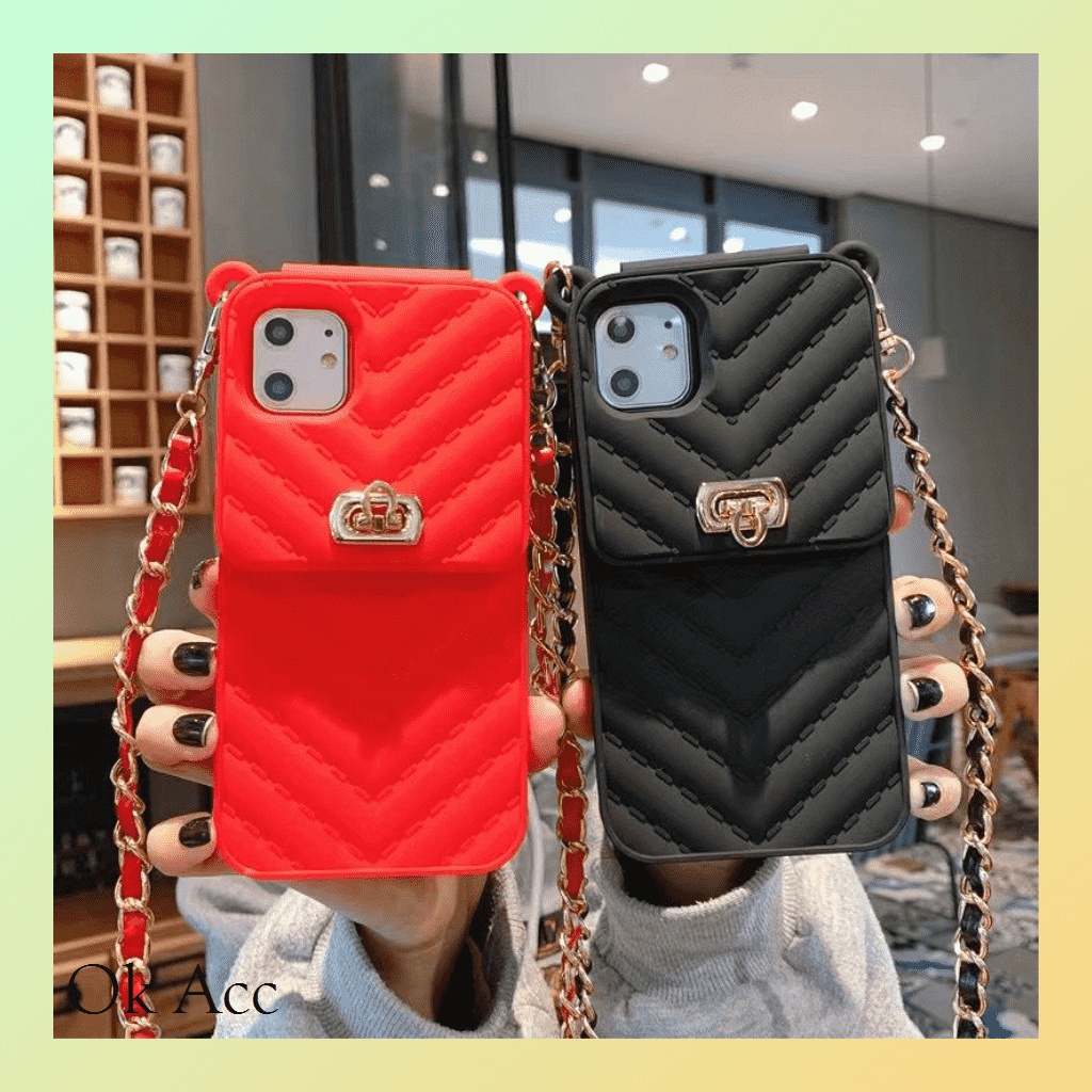 Softcase Dompet Chan*nel Iphone 7 8 7+ 8+ X Xs Xr Max 11 12 13 Pro Max FH45 rantai panjang selempang