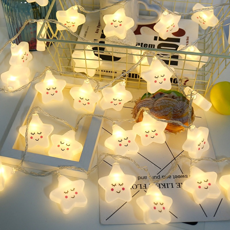Lampu String Led 1.5m / 3m Tenaga Baterai Bentuk Bintang Smiley Face Untuk Dekorasi Rumah