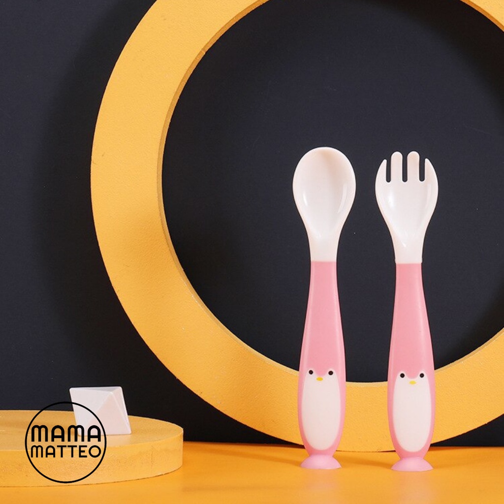 Sendok Garpu Set Makan Bayi Silikon Lentur untuk Anak Motif Penguin / Kids Baby Spoon Fork Set MPASI Bahan Silicone / Warna Pink Orange Tosca Biru Tua