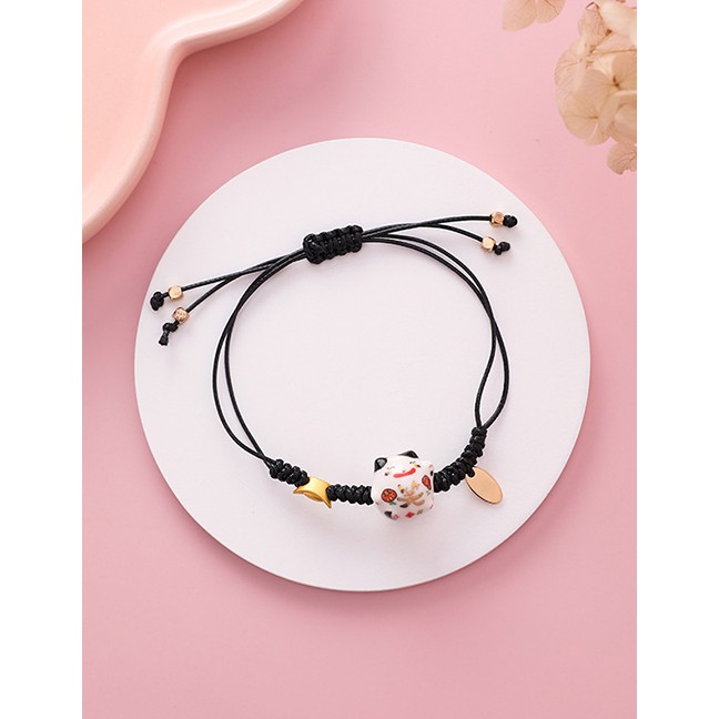 LRC Gelangh Fashion Woven Ingot Ceramic Cat Elastic Bracelet F89357