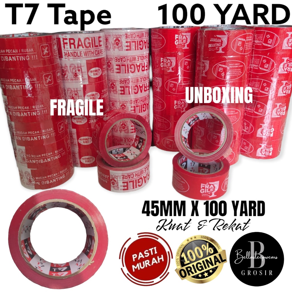 45 MM X 100 YARD - MURAH - LAKBAN T7 TAPE MERAH FRAGILE / UNBOXING ISOLASI / PLAKBAN / SELOTIP PEREKAT ROLL