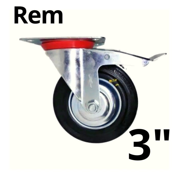 Roda Castor Karet Plus Rem 3 Inch Caster Wheel Swivel Rak Steling