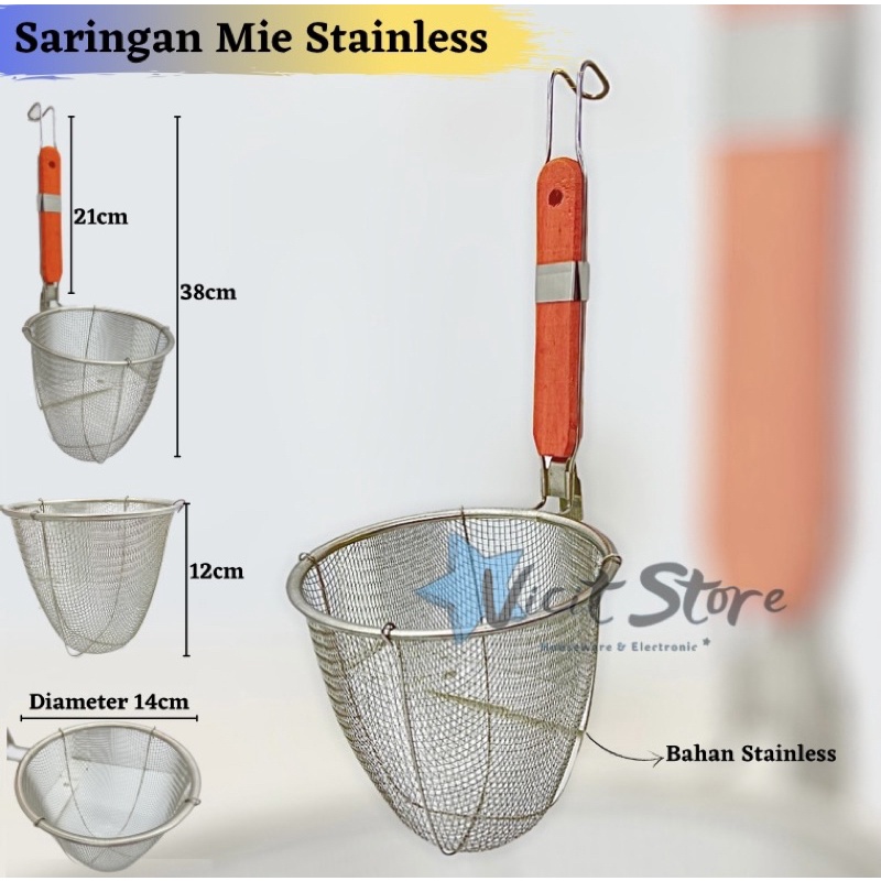 Kocokan / Saringan Mie Stainless Gagang Kayu 14cm