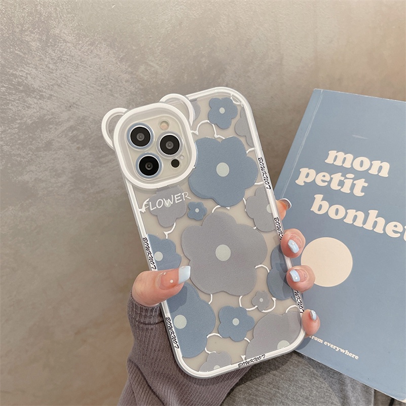 Soft Case Silikon Motif Bunga / Beruang Untuk Compatible for iPhone 14 13 12 11 Pro Max X Xr Xs Max SE 2020 8 7 6 6s Plus handphone Case murah Blue-gray Flower Phone Case Bear Ears All-inclusive Lens Clear Silicone Shockproof Phone Back Casing Cover