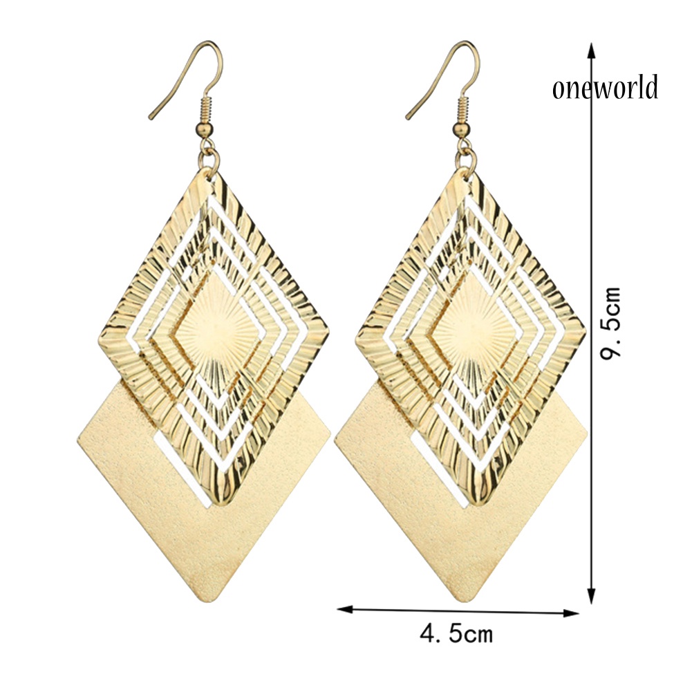 OW@ Fashion Matte Hollow Double Layer Jewelry Rhombus Long Dangle Hook Earrings