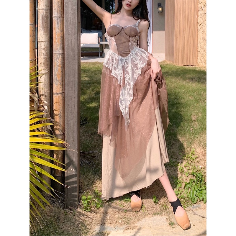 Gaun Wanita Perancis Retro Temperamen Pinggang A-line Rok Pendek Musim Semi Desain Rasa Renda Jahitan Baku Tepi Suspender Rok