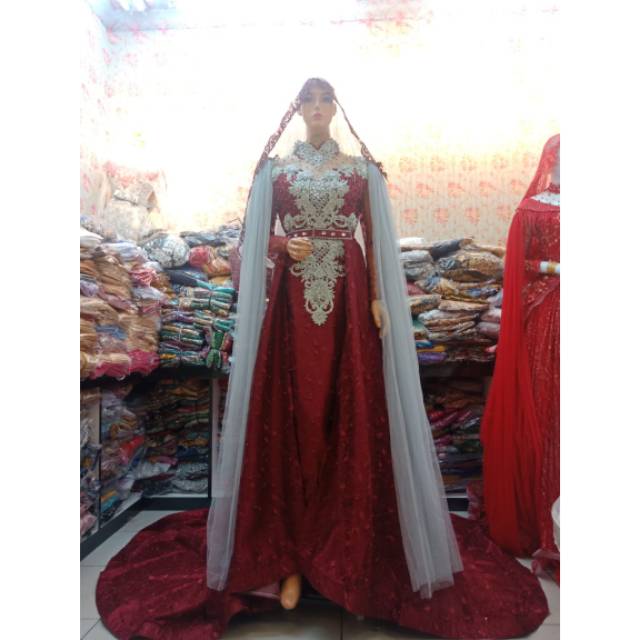 New gaun pengantin span slim maroon silver