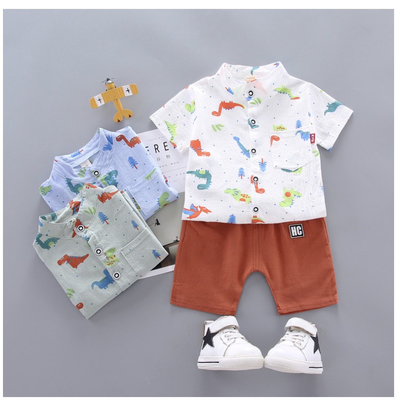 babyfit sB2 baju  setelan  DINO LAND kemeja celana pendek 