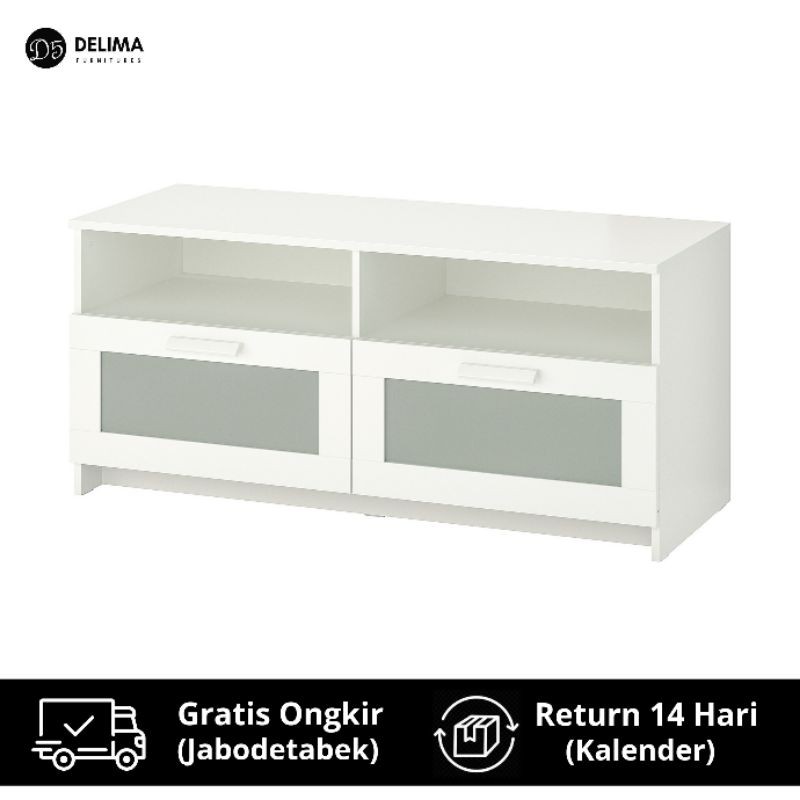 Meja TV Minimalis Modern dengan Laci besar, Kaca - Putih