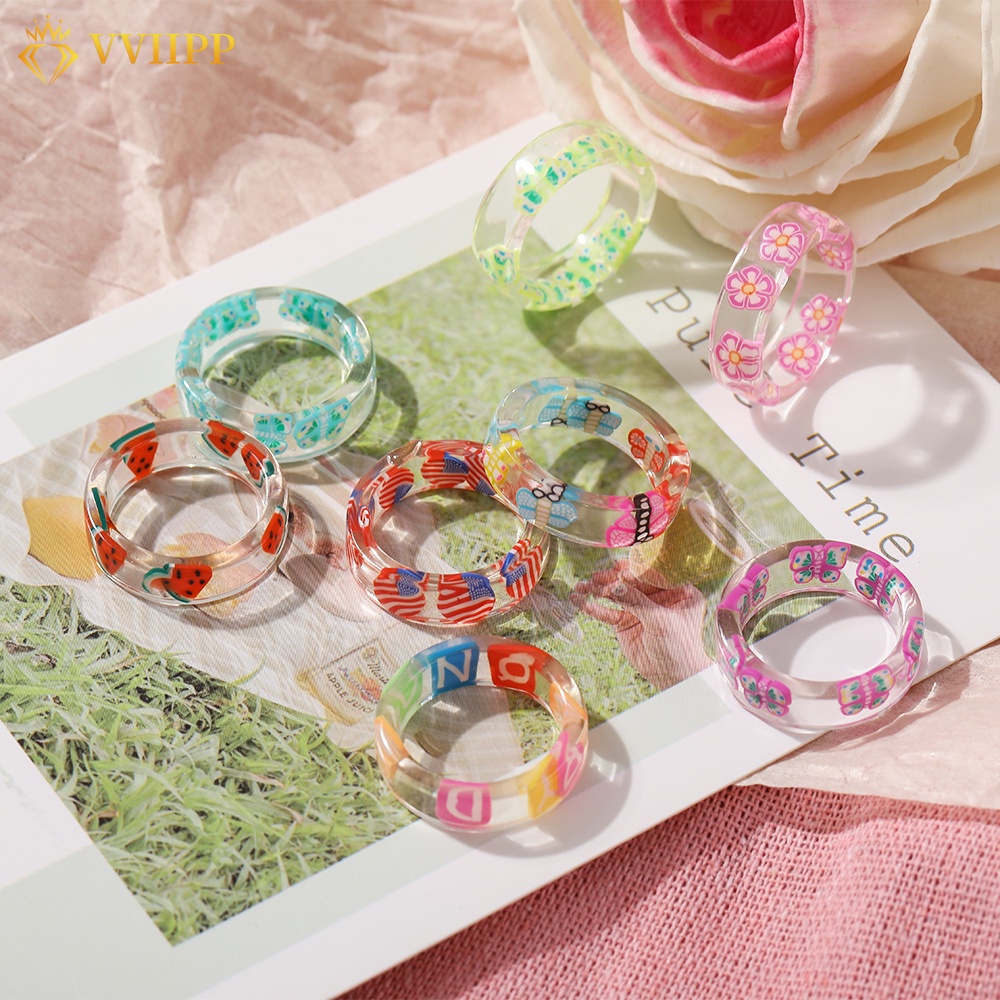 Korean Colorful Fruit Flower Transparent Rings Fashion Letter Butterfly Acrylic Finger Ring Women Jewelry Accessories