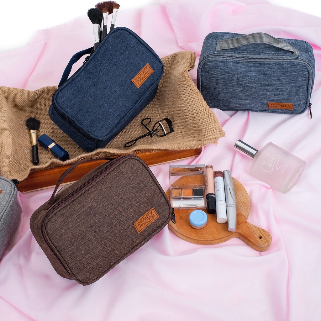 Tas make up toiletry bag travel organizer pouch makeup cewek tempat alat mandi canvas tas kosmetik canvas polos