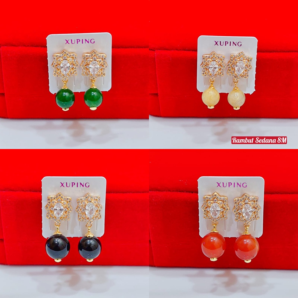Anting xuping zirkon batu giok rambut sedana alami lapis emas 24karat baru