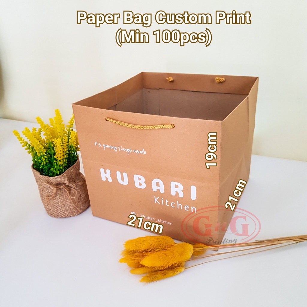 

Paper Bag Custom Print Box Kotak Nasi / Paper Bag Sablon / Cake Kue Roti / 21x21x19 / Min. 100pcs