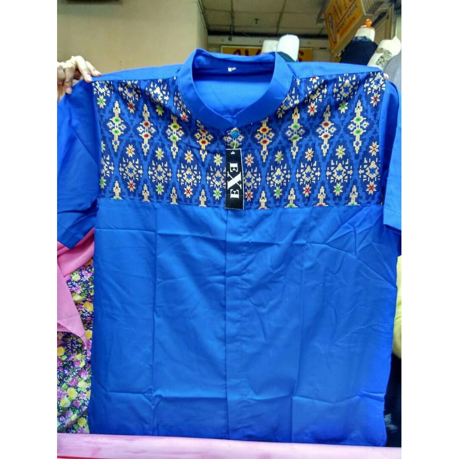 Fashion Muslim - Atasan - Baju Koko Kemeja Koko Pria Rommy Lengan Pendek - Blue Kombinasi Batik -