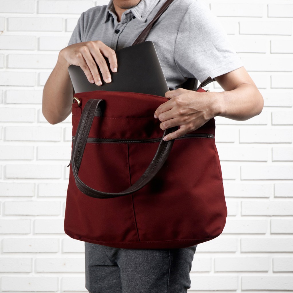 [PREMIUM] Tas Kerja Totebag Laptop Pria Wanita Kanvas Kulit ASLI Eastmovin Iowa Maroon