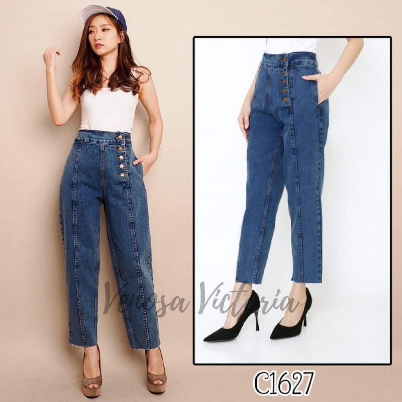 Boyfriend Jeans Kancing Depan Buttons Stefani Celana BF Wanita Kancing Samping