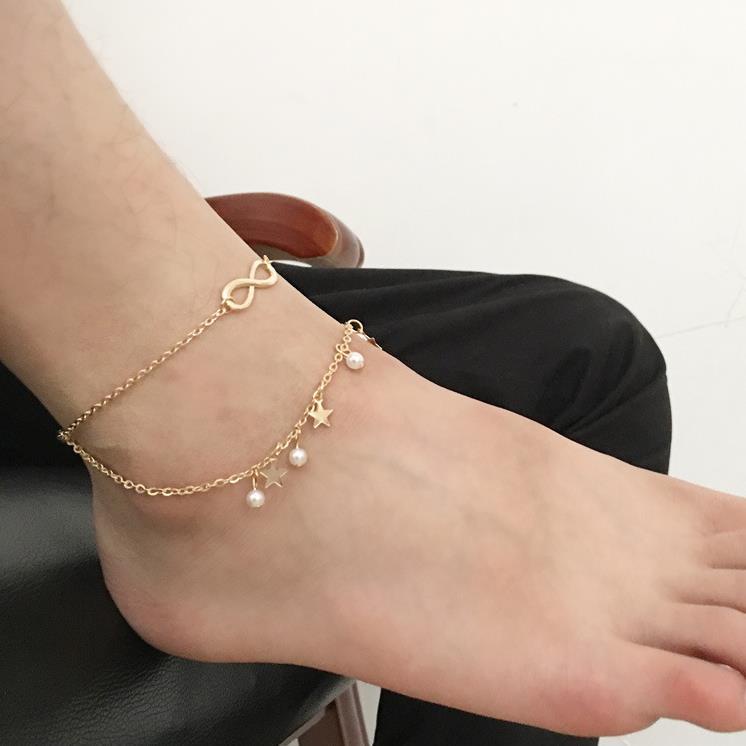 ★ODS★ FA114  Gelang Kaki Korea Temperamen Mutiara Bintang  Bentuk Anklet Perhiasan Berantai Perak