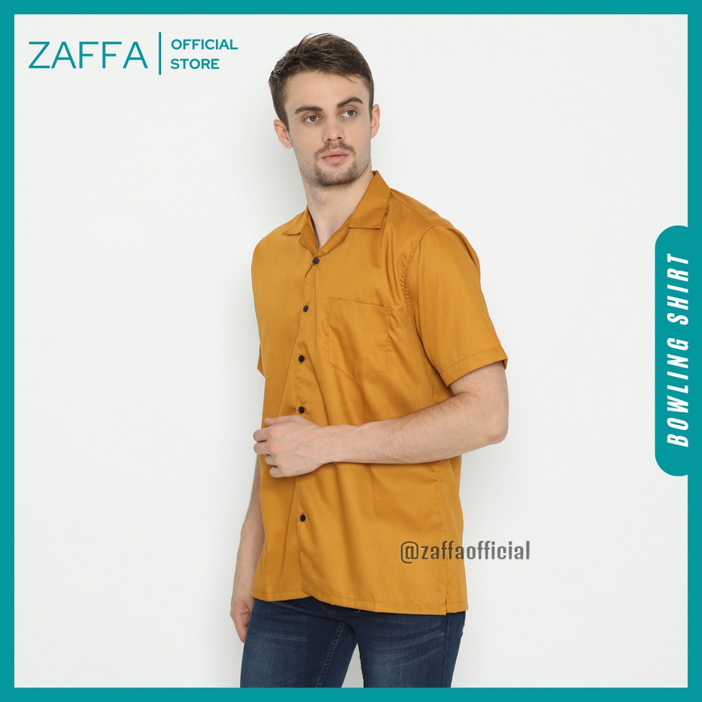 Zaffa Kemeja Polos Pria Lengan Pendek Basic Kerah Pantai Katun Toyobo Hitam Navy Mustard Maroon Bowling Shirt Casual Cowok Mustard Z-1017