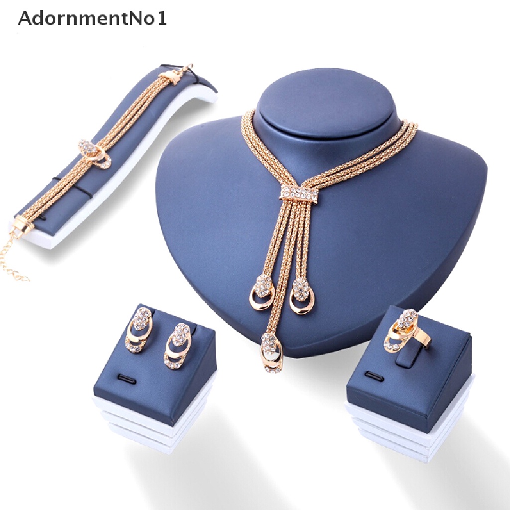 (AdornmentNo1) Set Kalung + Gelang + Cincin + Anting Gantung Panjang Tusuk Aksen Kristal + Rumbai Untuk Perhiasan Wanita / Bridesmaid