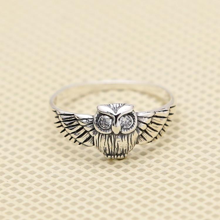 Cincin zircon Putih Bentuk Burung Hantu Gaya Retro Untuk Pria Dan Wanita