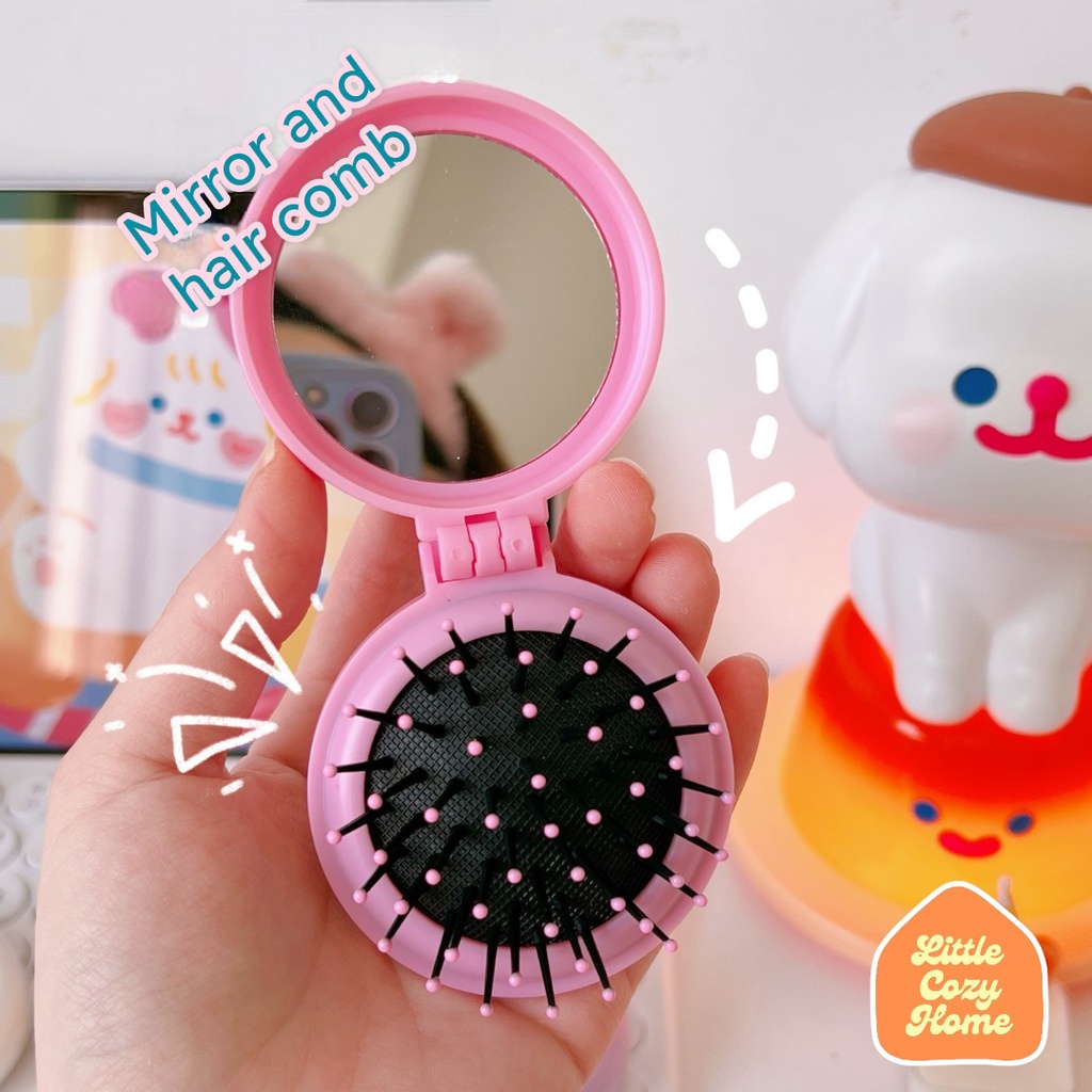 Pocket Comb Mirror 2 in 1 / Folding Airbag Massager Sisir Anti Rontok Cermin Lipat Lucu / Detangler Karakter Sikat Rambut Hair Comb Ala Korea