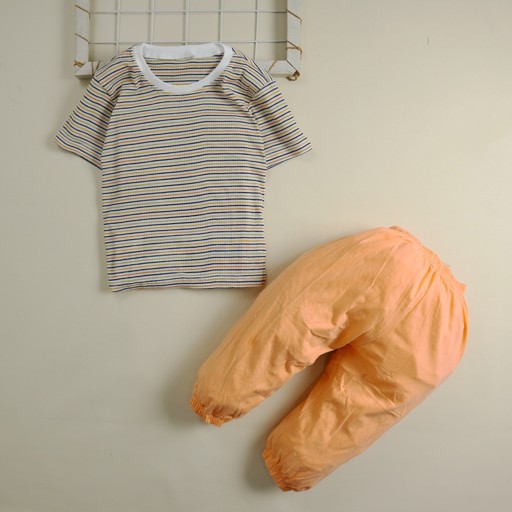 Nuna Store Motif Rib Stripped Orange / Setelan Baju Bayi / Anak Bayi Laki-laki Usia 3 Tahun - 6 Tahun Baju Setelan Anak