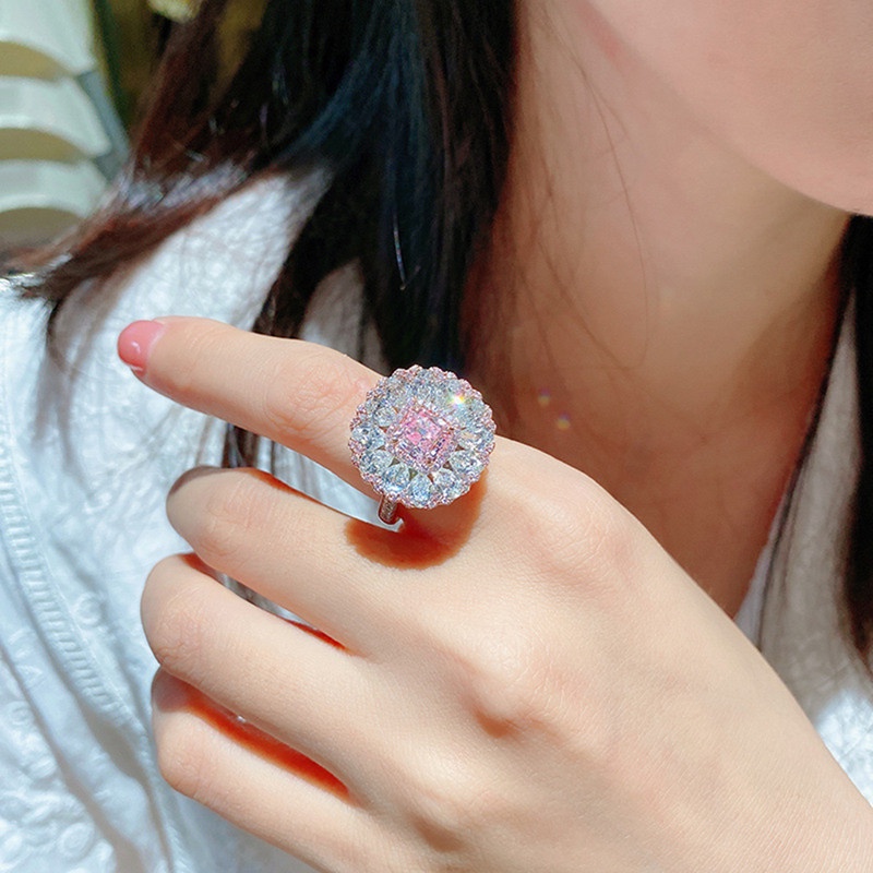 Cincin Pernikahan Desain Bunga Hias Cubic Zirconia AAA Warna Pink Gaya Mewah Berkilau Untuk Wanita