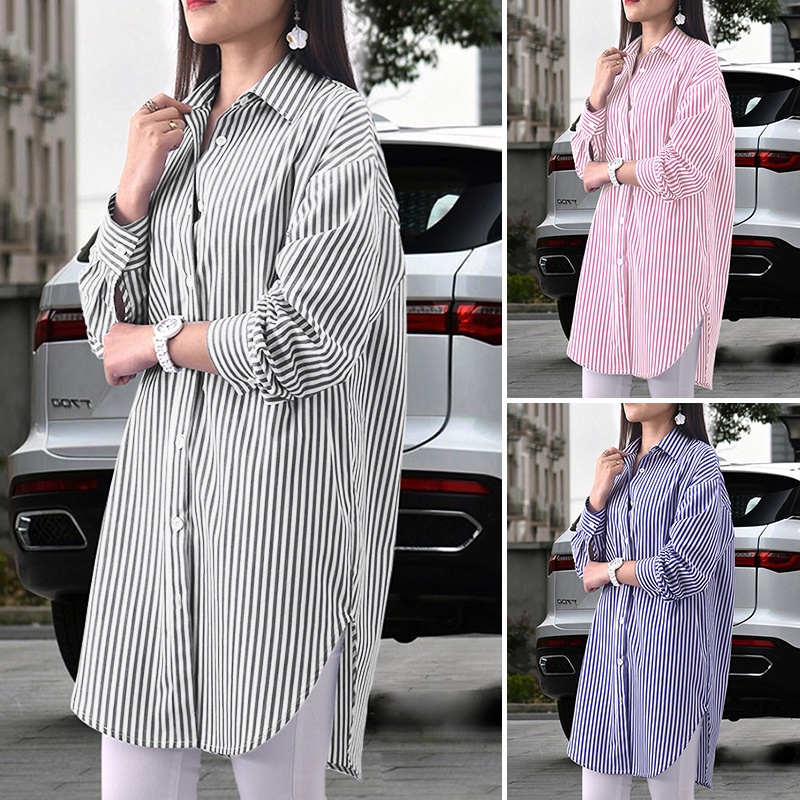 ZANZEA Women Fashion Long Sleeve Lapel Loose Stripe Printed  Button Down Blouse