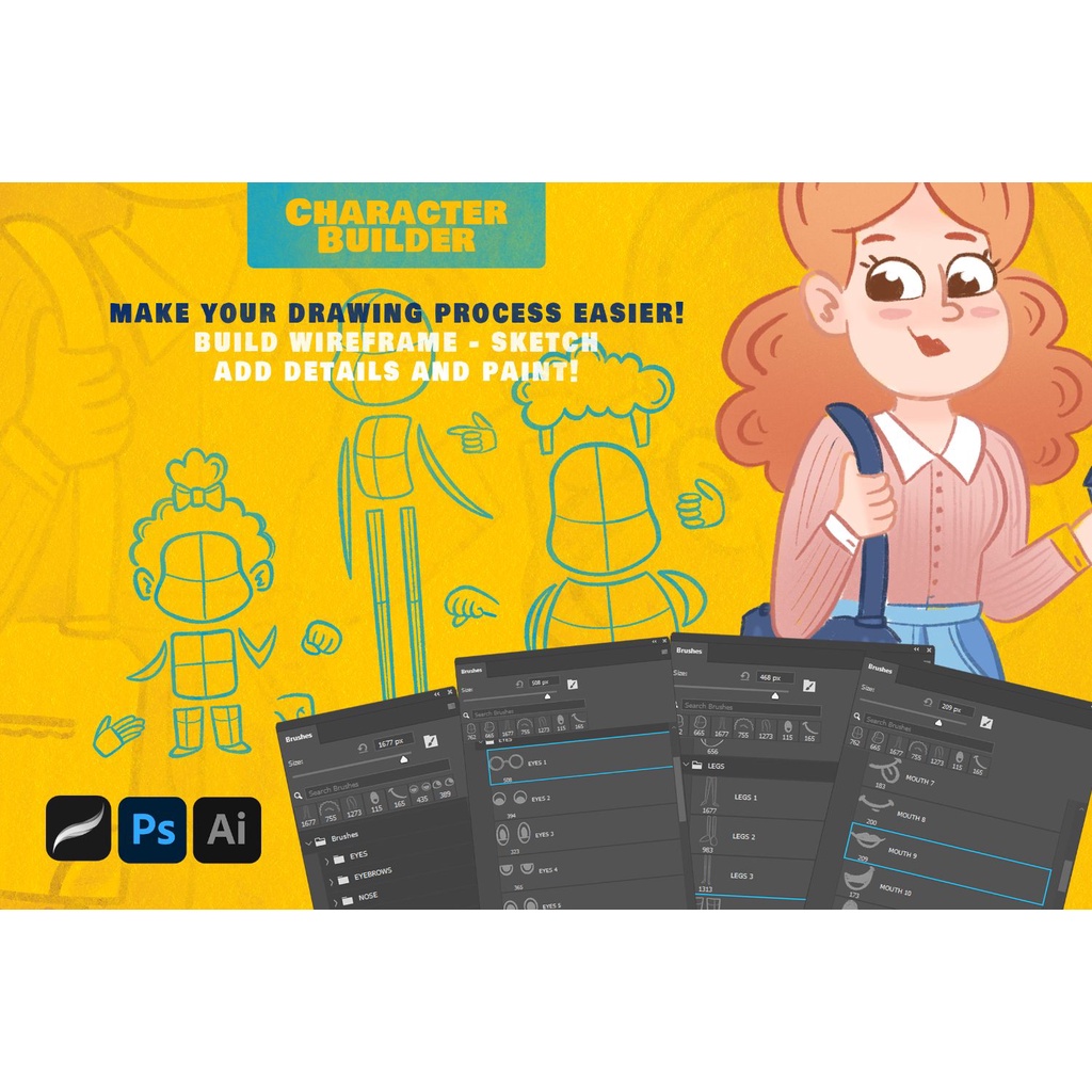 Character Builder Drawing Toolkit - Procreate - Adobe Photoshop &amp; Illustrator