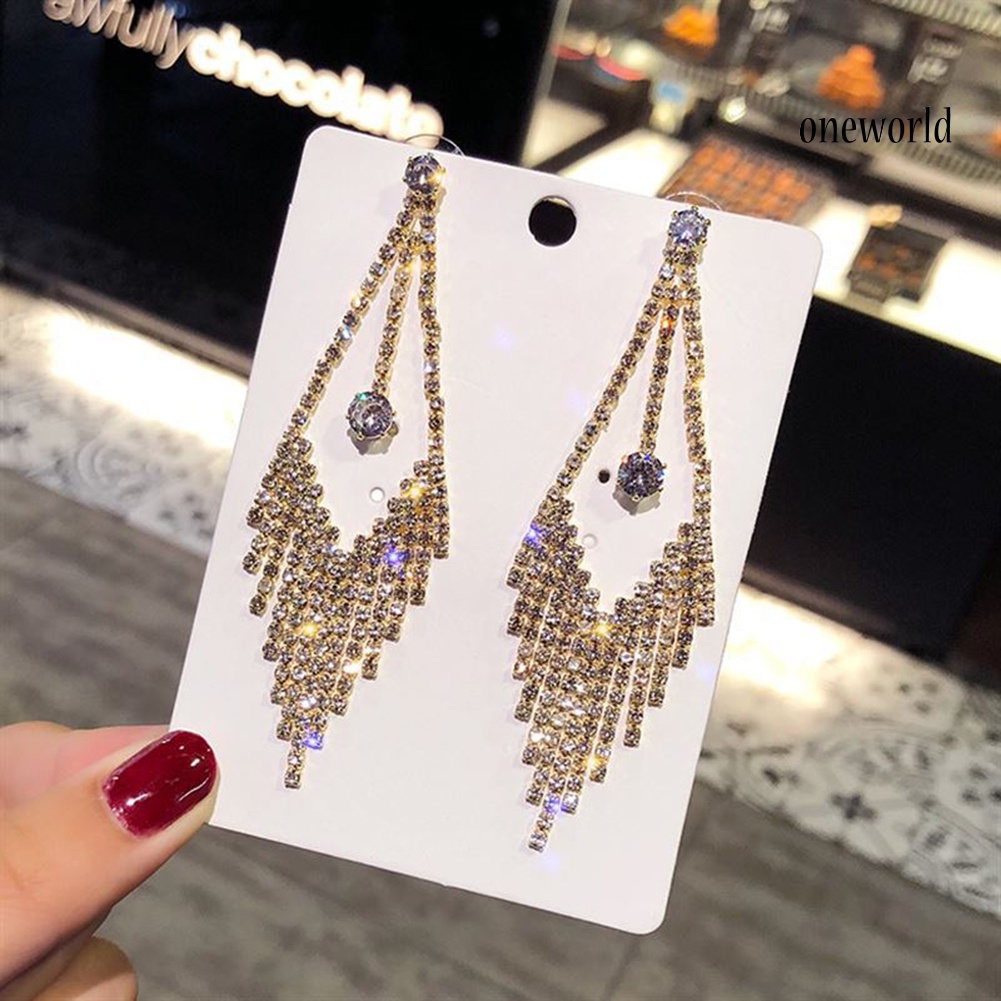 OW@ Luxury Geometric Tassel Rhinestone Long Dangle Women Stud Earrings Jewelry Gift