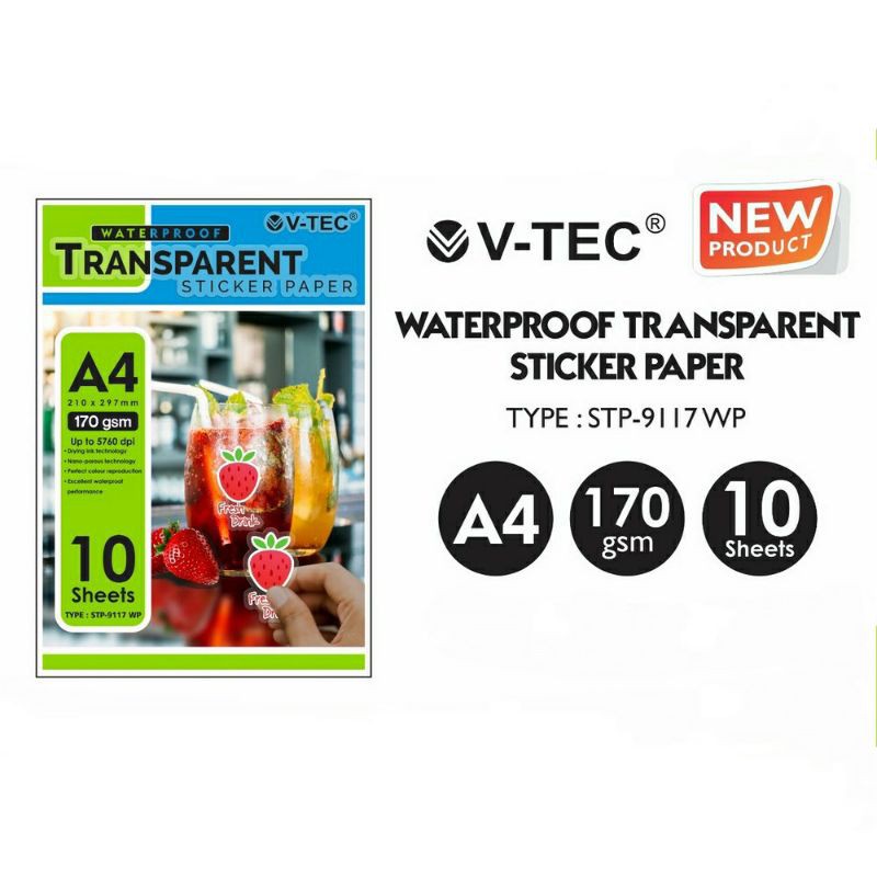 

Photopaper - V-Tec Waterproof Transparent Sticker A4 170 Gsm - V-Tec STP-9117 - Kertas Foto Sticker transparan