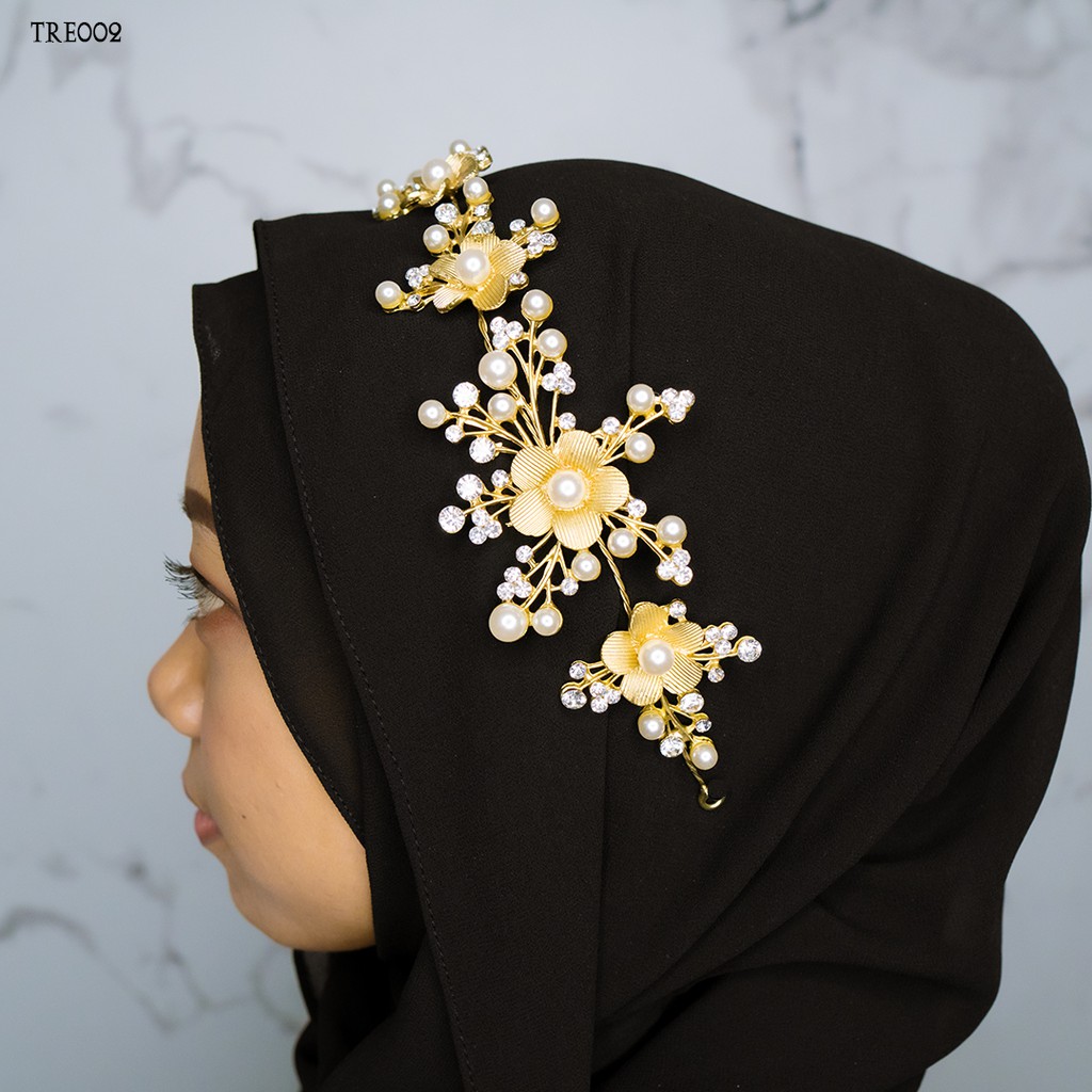 [PRODUK TERLARIS] HEADPIECE HIJABERS TIARA ASESORIS WEDDING EMAS BUNGA TRE002