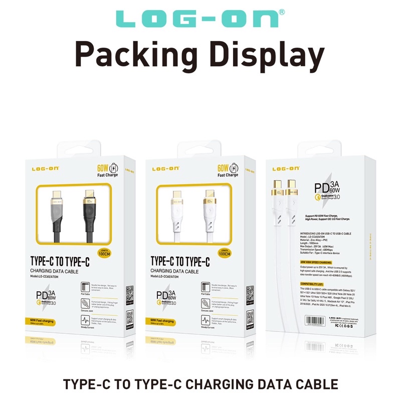 KABEL DATA LOG ON ATOM LO-CC60 TYPE C TO TYPE C QUICK CHARGER 3.0 PD 60W 3A 100CM