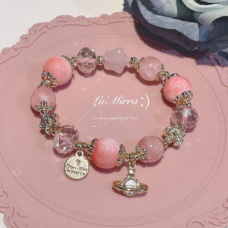 Gelang Manik-Manik Kristal Giok Hetian Alami Warna Pink Strawberry Untuk Wanita