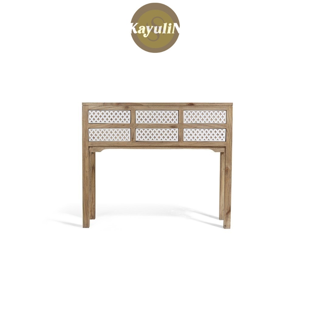 meja konsol minimalis kayu jati kombinasi rotan kayulin interior - Lc2