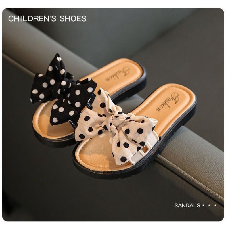 sandal sendal selop teplek flat pita besar big bow polkadot fashion korea cantik lucu casual santai 