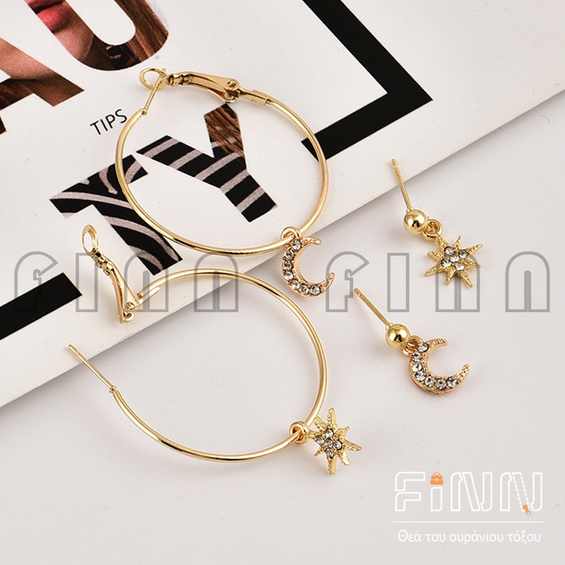 Set Anting Hoop Retro Wanita Motif Bulan Dan Bintang Gaya Korea Fashion Earrings Import