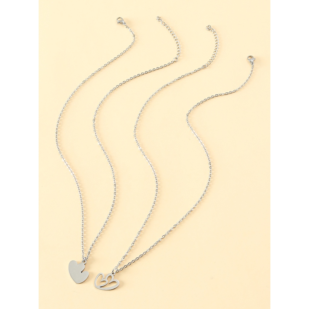 2pcs / SET Kalung Rantai Klavikula Bahan Stainless Steel Model Hati Ganda Hollow Untuk Hari Ibu