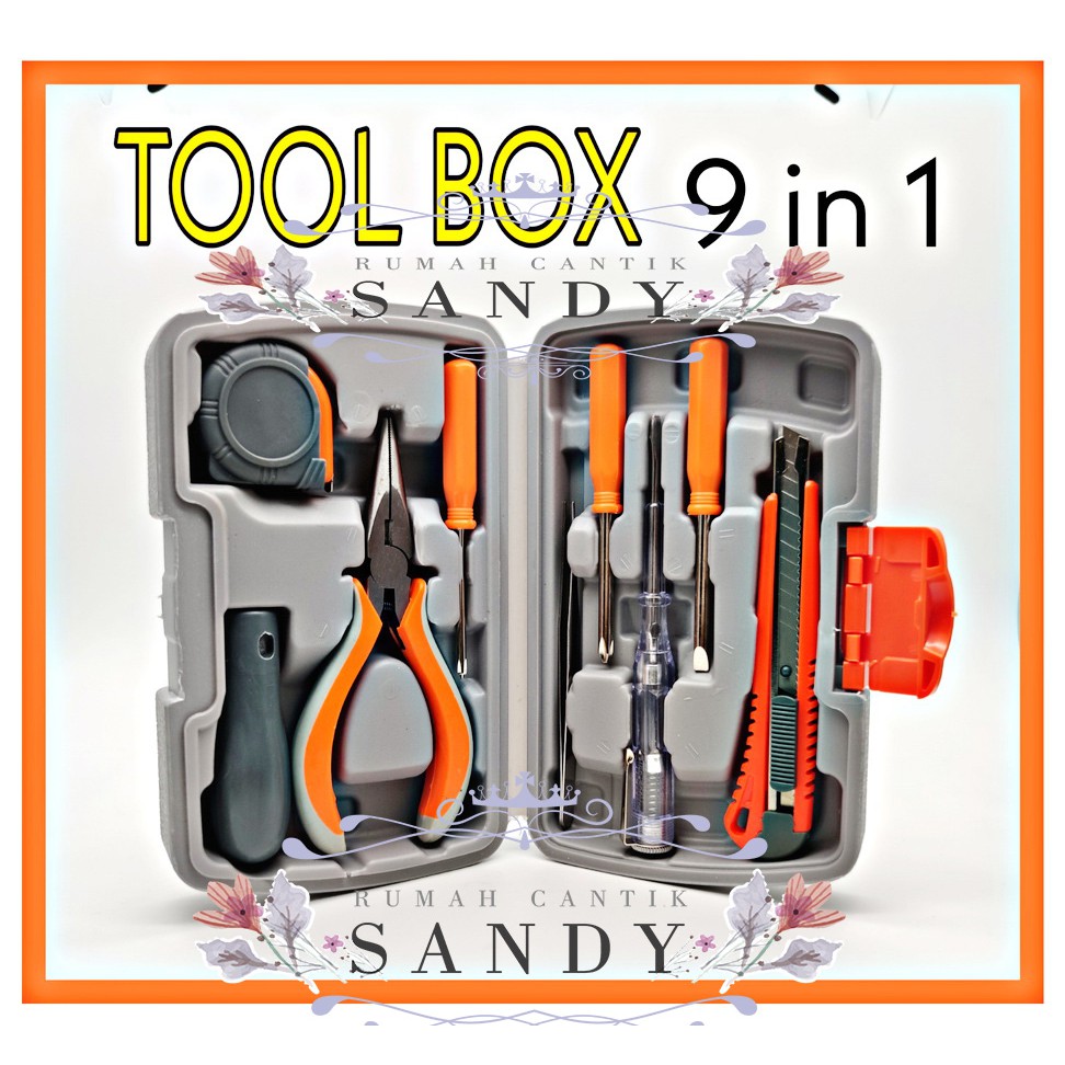 TOOL BOX / TOOL KIT  9 in 1 ~ Meteran, Obeng , Tang, Test Pen, Pinset