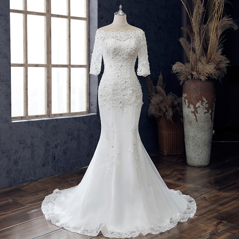 Gaun Pengantin 2106025 Putih Mermaid Sabrina Lengan Panjang Ekor Wedding Dress