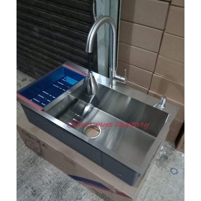 Paket kitchen sink 8050 kran tarik panas dingin stainless / Paket bak cuci piring satu lobang 8050