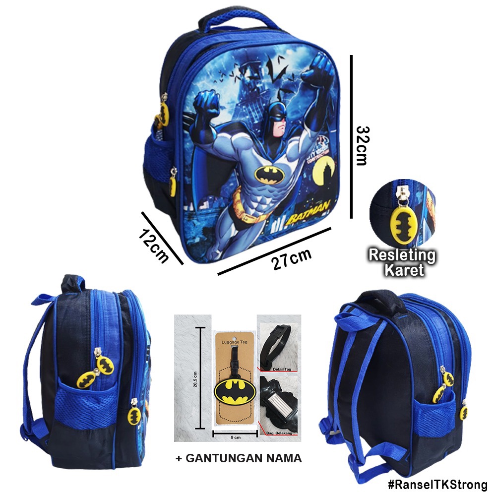 PROMO TAS Timbul TERMURAH Ransel Sekolah TK  Anak Laki Laki Karakter Kelelawar + Gantungan LabelNama ( Strong Body 3D )