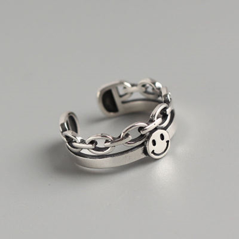 Cincin Couple Bentuk Pentagram Tersenyum Warna Cincin Pria Emas Gaya Retro Untuk Koleksi-Ancient-silver