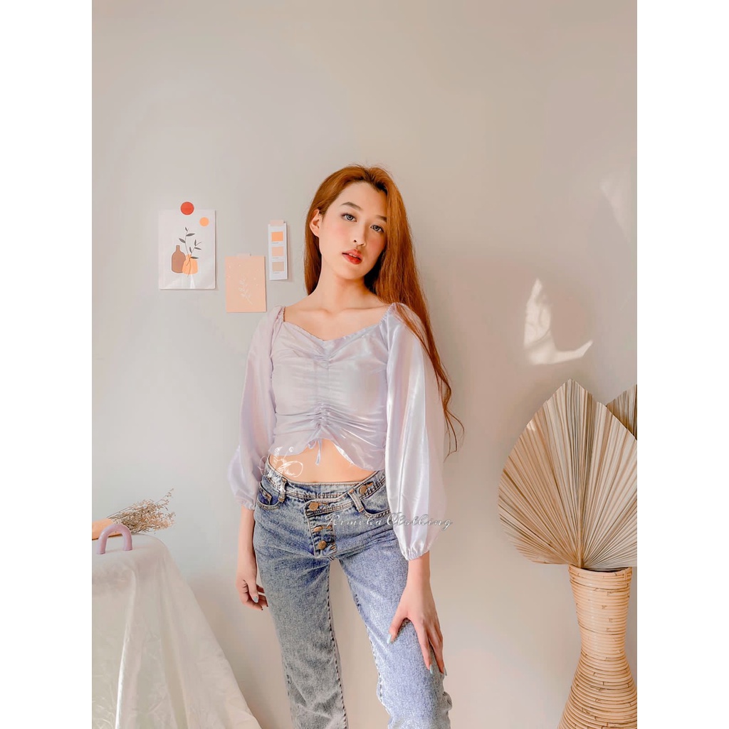 Kyuri TOP ATASAN WANITA KARET OOTD KOREA PUTIH PUFFY SLEEVES