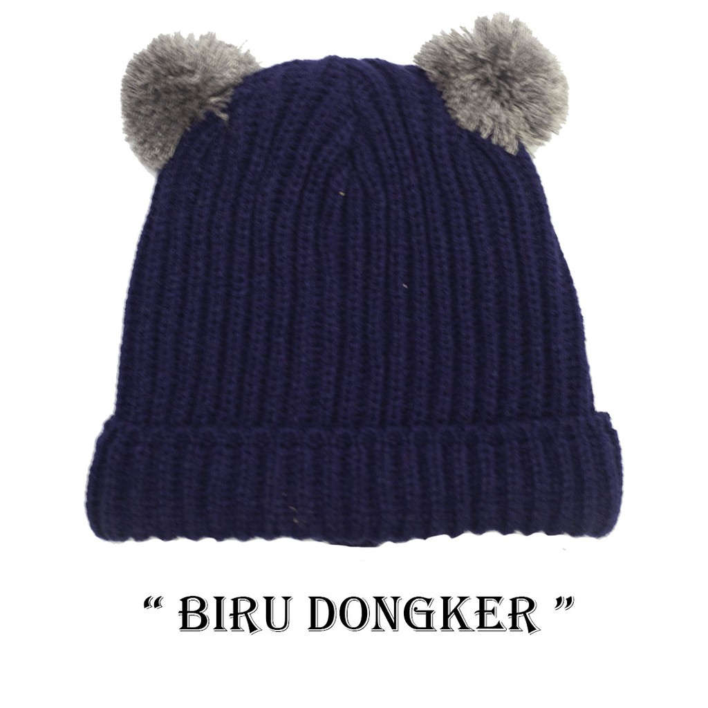 Kupluk Pompom Anak Bayi Cewek Cowok Polos / Bordir Nama Suka Suka-Biru Dongker
