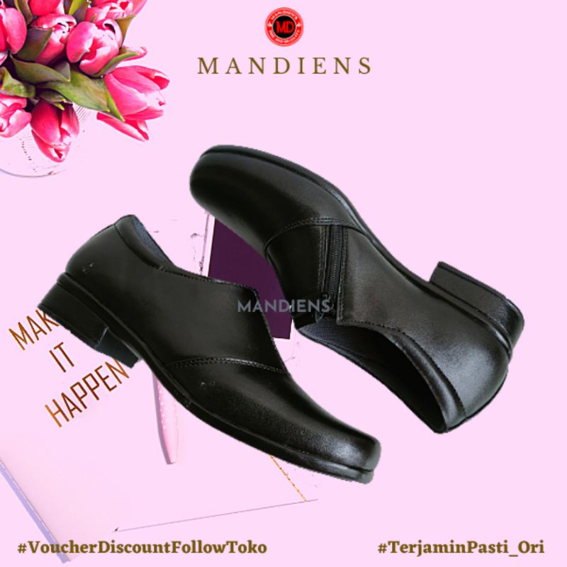 Mandiens HLB103 - Sepatu Pantofel Kerja Wanita - Sepatu Pdh Wanita Bahan Kulit Asli Kekinian Semi Boots - Sepatu Heels Formal Kulit Asli Angkle Boots Wanita Halfboot Resleting Bhayangkari Persit Sepatu Secwan Kualitas Premium Branded