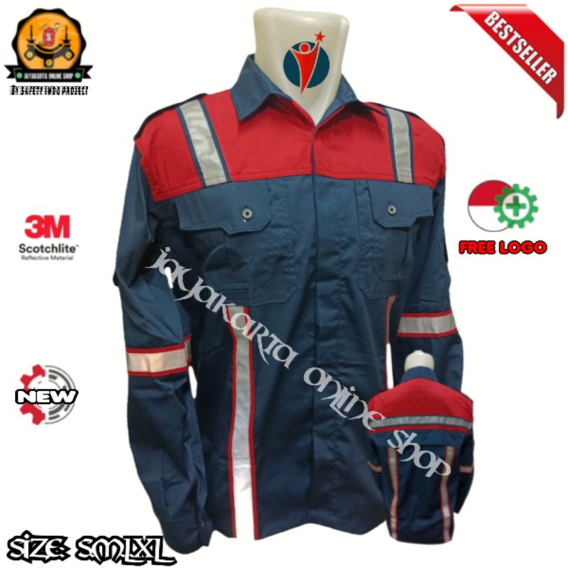BAJU SERAGAM SAFETY KOMBINASI REFLEKTOR 3M/ BAJU KEMEJA SAFTY MERAH NAVY