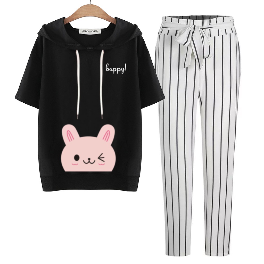 BESS - Baju Setelan Wanita Murah / Setelan Hoodie Crop Lengan Pendek + Celana Salur Putih - HAPPY CAT