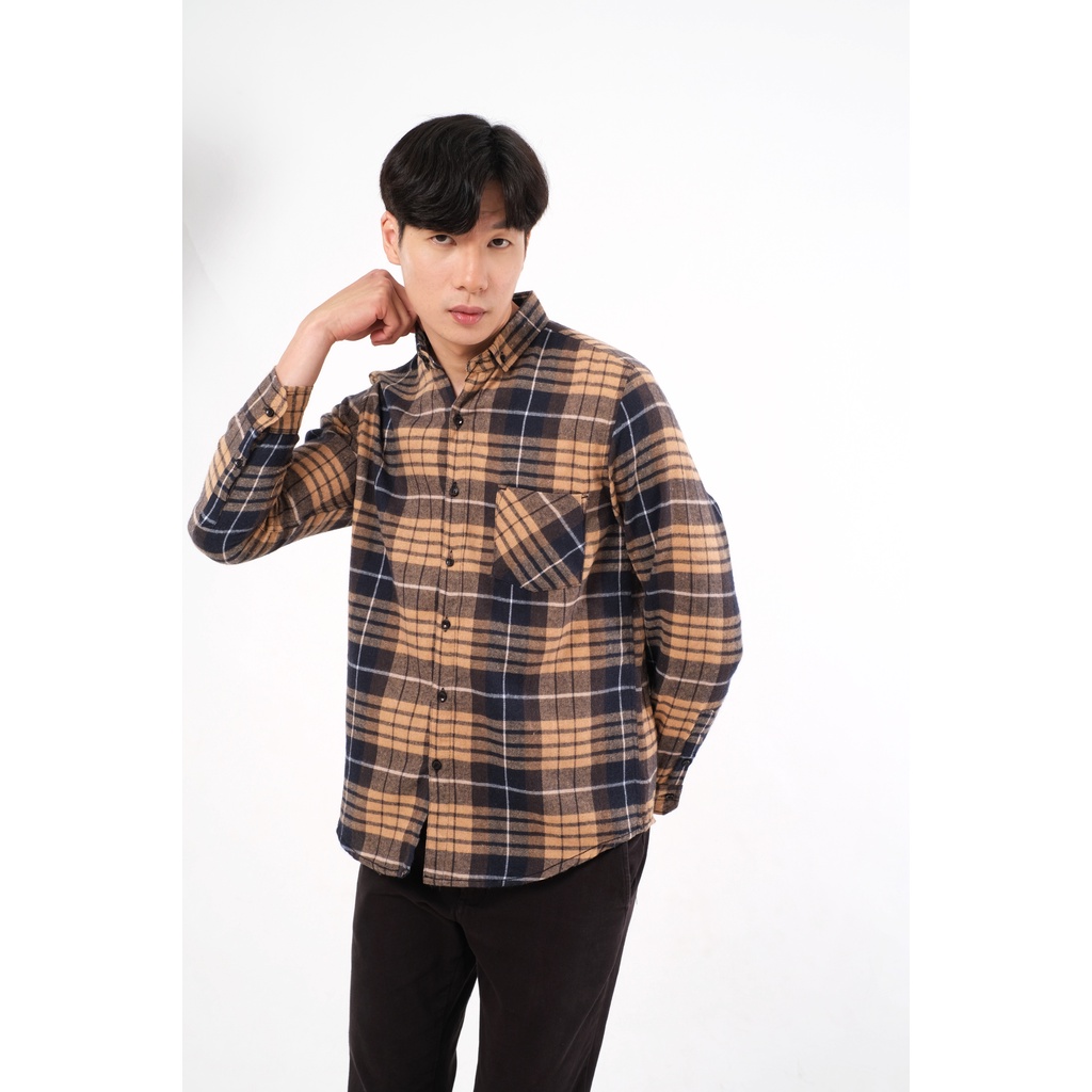 SANVANINA Kemeja Flanel Lengan Panjang Slim Fit Motif Kotak Kotak | Flannel Salford Cream - E-8009