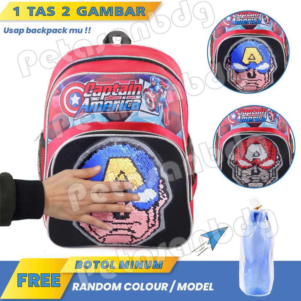 Tas Ransel Anak CAPTAIN AMERICA  - RANSEL USAP / SWIPE - HALF SWIPE - HALF WECKER + FREE BOTOL